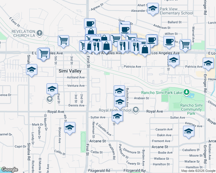 map of restaurants, bars, coffee shops, grocery stores, and more near 1594 Willowbrook Lane in Simi Valley