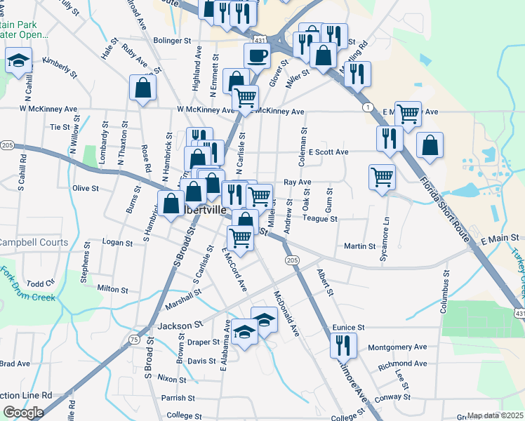 map of restaurants, bars, coffee shops, grocery stores, and more near 100 Glover Street in Albertville