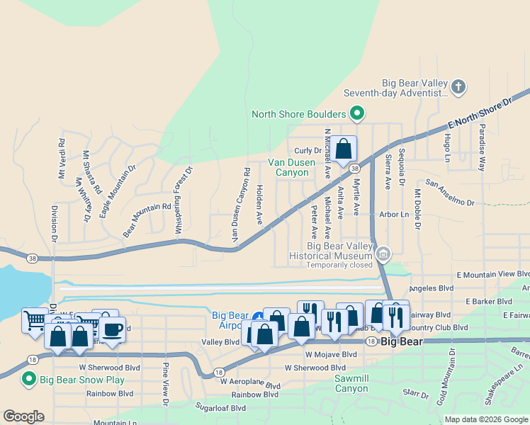 map of restaurants, bars, coffee shops, grocery stores, and more near 1000 Holden Avenue in Big Bear