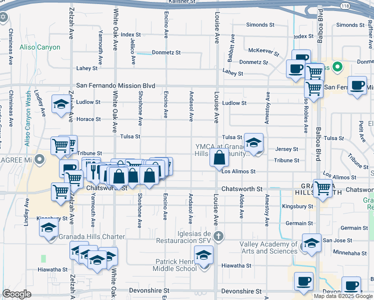 map of restaurants, bars, coffee shops, grocery stores, and more near 17407 Tribune Street in Los Angeles