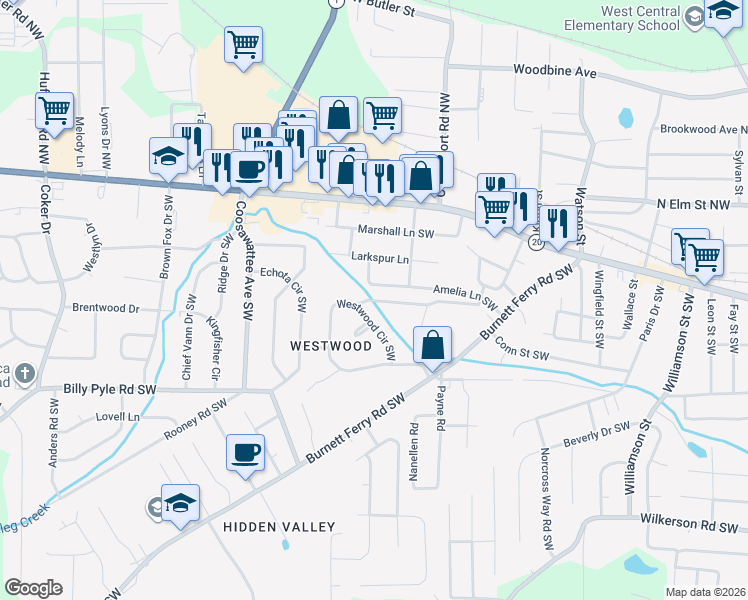 map of restaurants, bars, coffee shops, grocery stores, and more near 13 Castlewood Dr SW in Rome