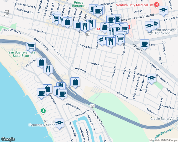 map of restaurants, bars, coffee shops, grocery stores, and more near 595 Howard Street in Ventura