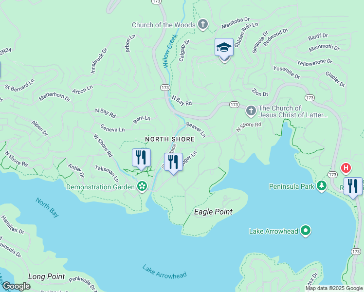map of restaurants, bars, coffee shops, grocery stores, and more near 1035 Pintail Circle in Lake Arrowhead