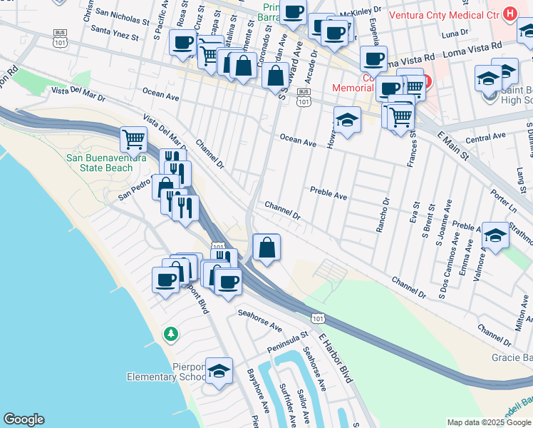 map of restaurants, bars, coffee shops, grocery stores, and more near 2364 Haley Point Drive in Ventura