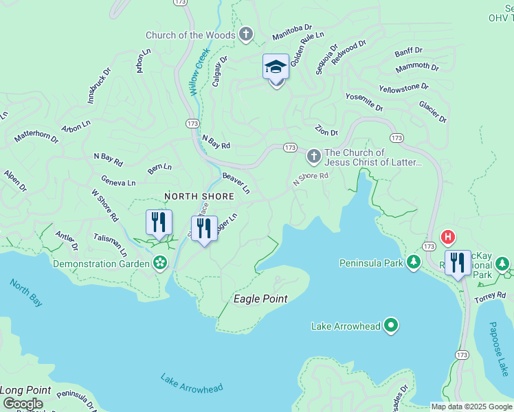 map of restaurants, bars, coffee shops, grocery stores, and more near 28537 North Shore Road in Lake Arrowhead