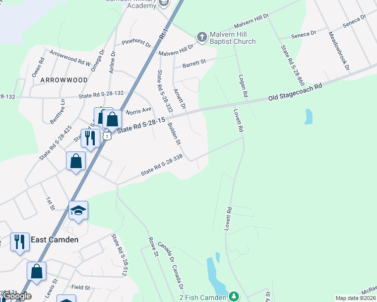 map of restaurants, bars, coffee shops, grocery stores, and more near 1880 Bolden Street in Camden