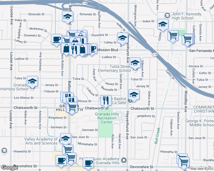 map of restaurants, bars, coffee shops, grocery stores, and more near 16726 Jersey Street in Los Angeles
