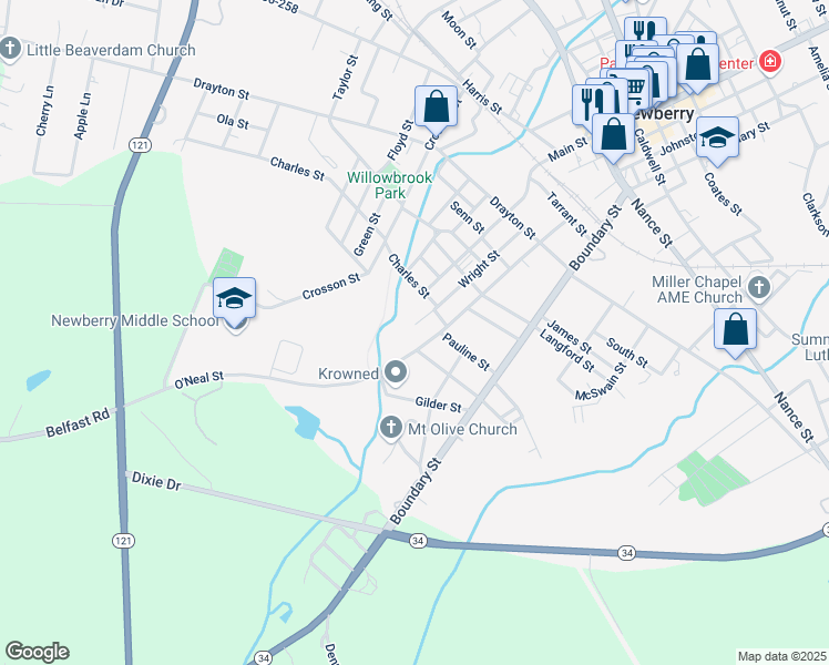 map of restaurants, bars, coffee shops, grocery stores, and more near 402 Wright Street in Newberry