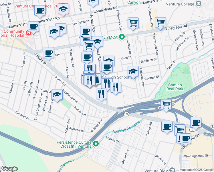 map of restaurants, bars, coffee shops, grocery stores, and more near 472 South Mills Road in Ventura