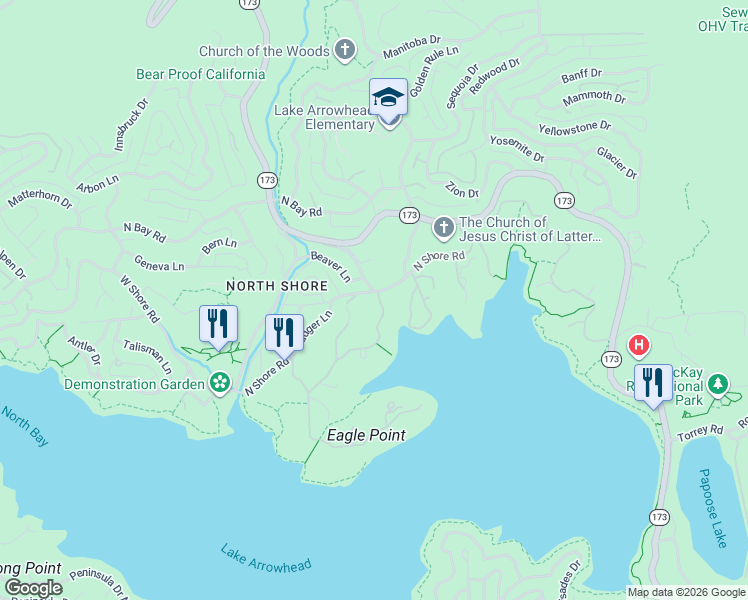 map of restaurants, bars, coffee shops, grocery stores, and more near 992 Shelter Cove Drive in Lake Arrowhead