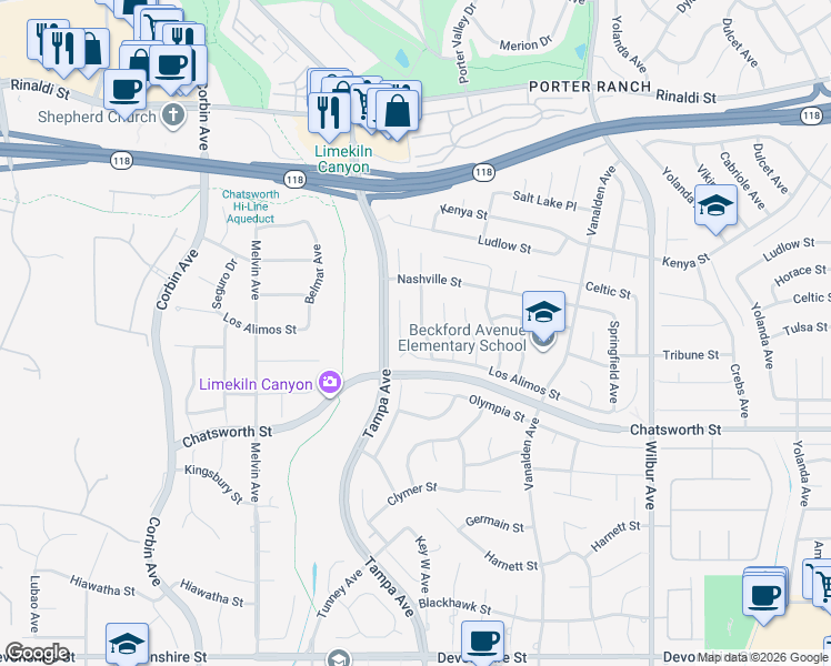 map of restaurants, bars, coffee shops, grocery stores, and more near 10833 Key West Avenue in Los Angeles
