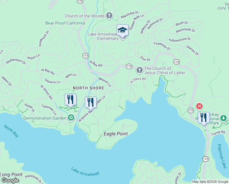 map of restaurants, bars, coffee shops, grocery stores, and more near 992 Shelter Cove Drive in Lake Arrowhead