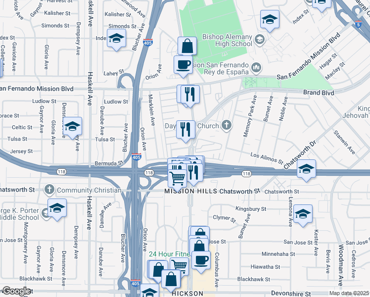 map of restaurants, bars, coffee shops, grocery stores, and more near 10824 Langdon Avenue in Los Angeles