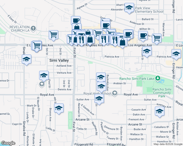 map of restaurants, bars, coffee shops, grocery stores, and more near 1594 Willowbrook Lane in Simi Valley