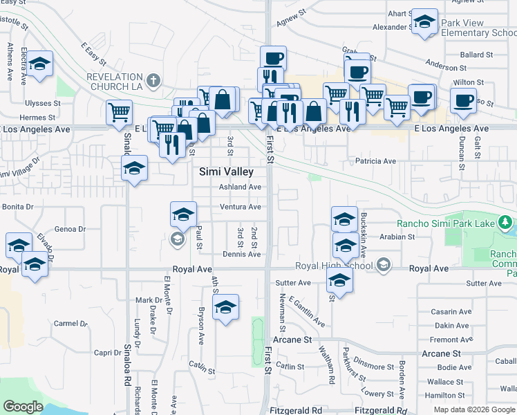 map of restaurants, bars, coffee shops, grocery stores, and more near in Simi Valley