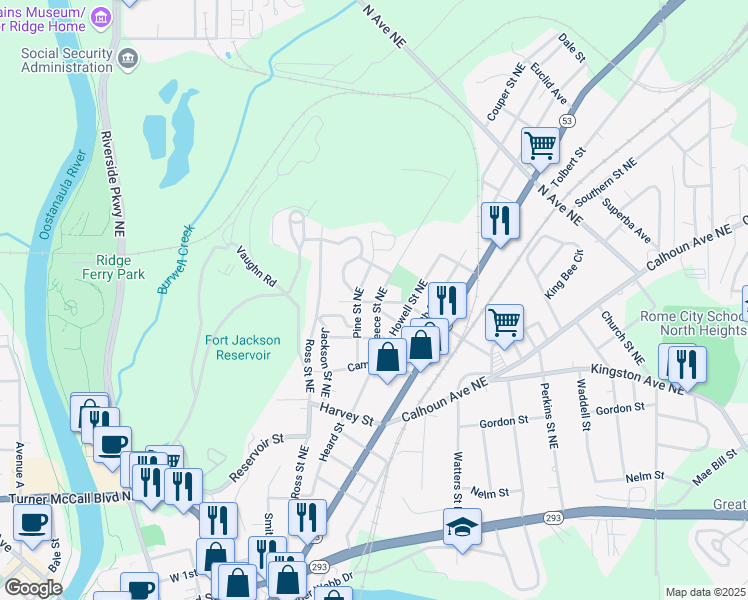 map of restaurants, bars, coffee shops, grocery stores, and more near 301 Reece Street Northeast in Rome