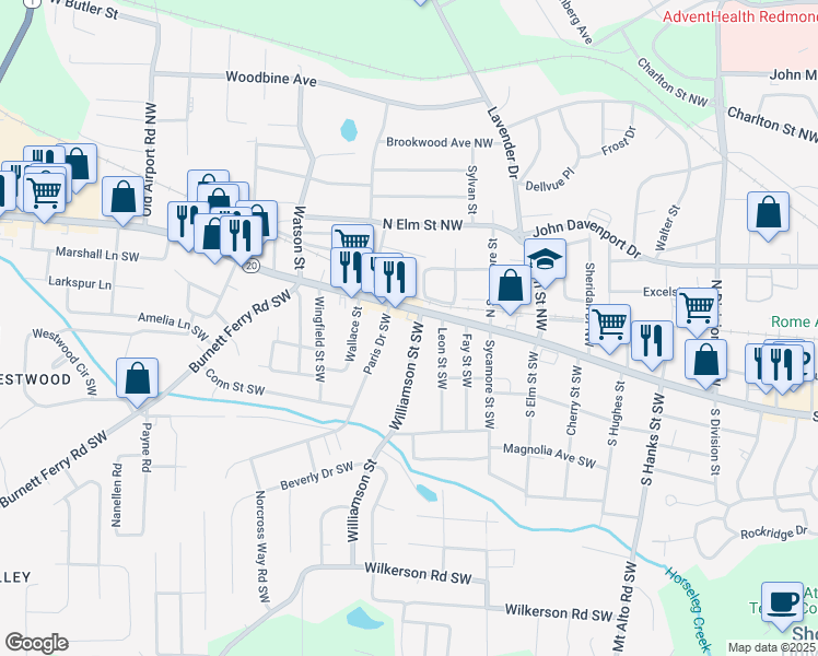 map of restaurants, bars, coffee shops, grocery stores, and more near 7 Paris Drive Southwest in Rome