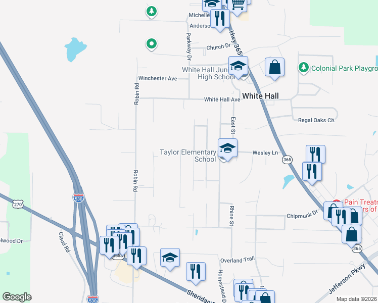 map of restaurants, bars, coffee shops, grocery stores, and more near 800 Meredith Street in White Hall