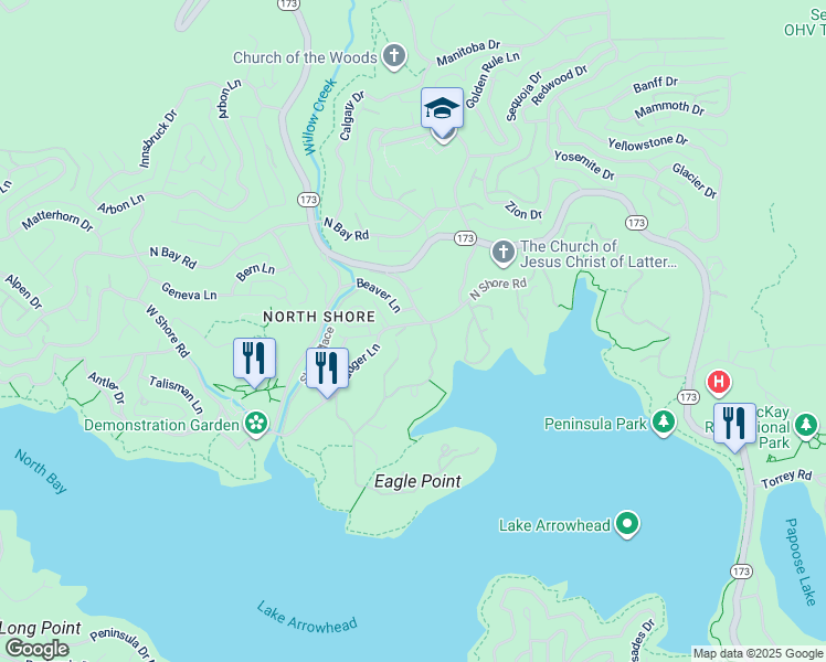 map of restaurants, bars, coffee shops, grocery stores, and more near 28537 North Shore Road in Lake Arrowhead
