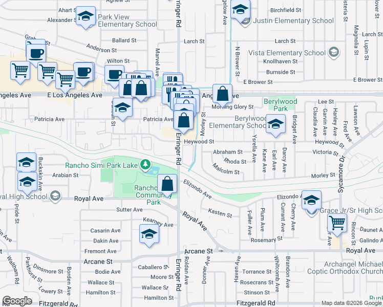 map of restaurants, bars, coffee shops, grocery stores, and more near 1940 Heywood Street in Simi Valley