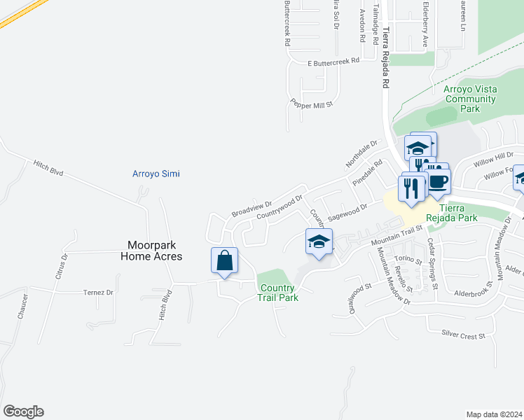 map of restaurants, bars, coffee shops, grocery stores, and more near 11312 Broadview Drive in Moorpark