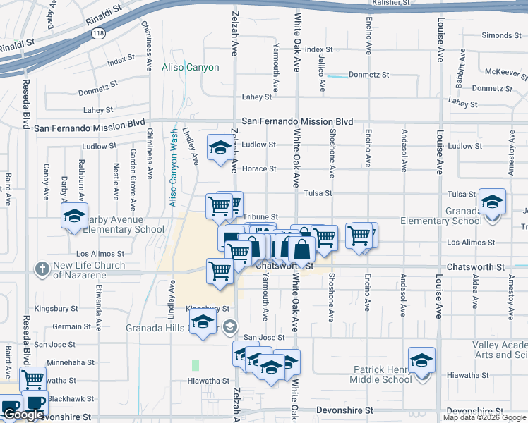 map of restaurants, bars, coffee shops, grocery stores, and more near 18051 Yarmouth Avenue in Los Angeles