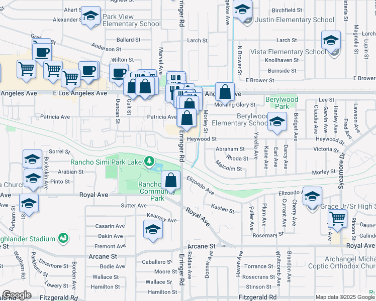 map of restaurants, bars, coffee shops, grocery stores, and more near 1932 Heywood Street in Simi Valley