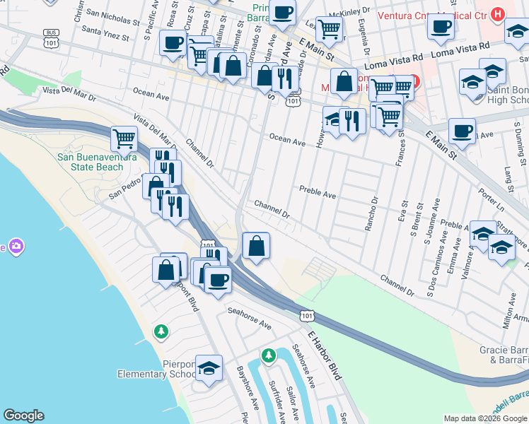 map of restaurants, bars, coffee shops, grocery stores, and more near 2460 Haley Point Drive in Ventura