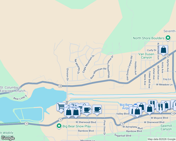 map of restaurants, bars, coffee shops, grocery stores, and more near 989 Panamint Mountain Drive in Big Bear