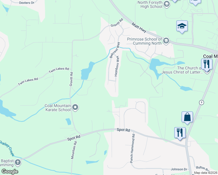 map of restaurants, bars, coffee shops, grocery stores, and more near 4945 Belcrest Way in Cumming