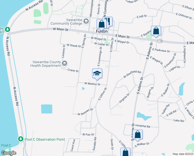 map of restaurants, bars, coffee shops, grocery stores, and more near 605 South Cummings Street in Fulton