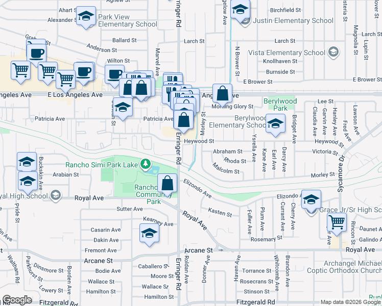 map of restaurants, bars, coffee shops, grocery stores, and more near 1940 Heywood Street in Simi Valley
