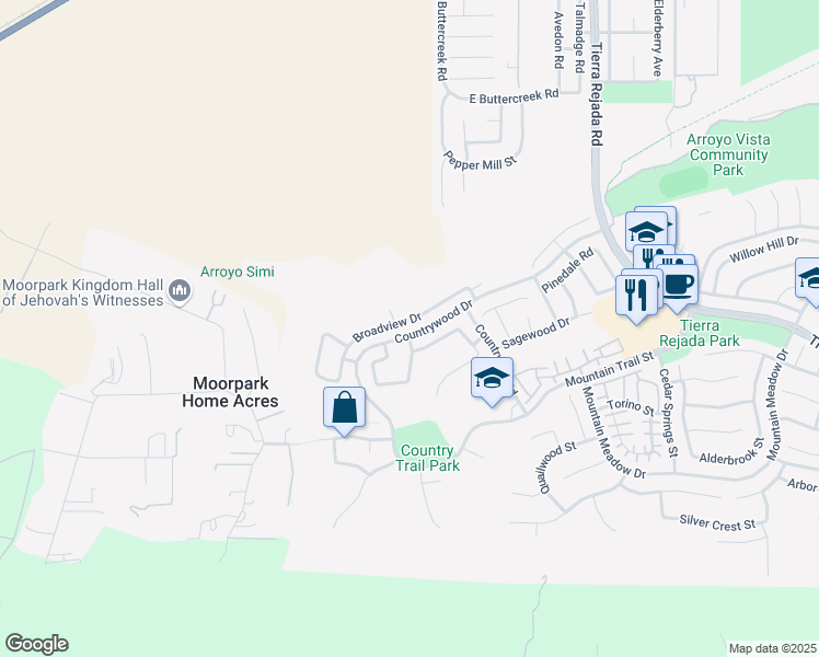 map of restaurants, bars, coffee shops, grocery stores, and more near 11320 Broadview Drive in Moorpark