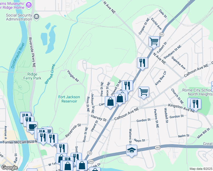 map of restaurants, bars, coffee shops, grocery stores, and more near 301 Reece Street Northeast in Rome