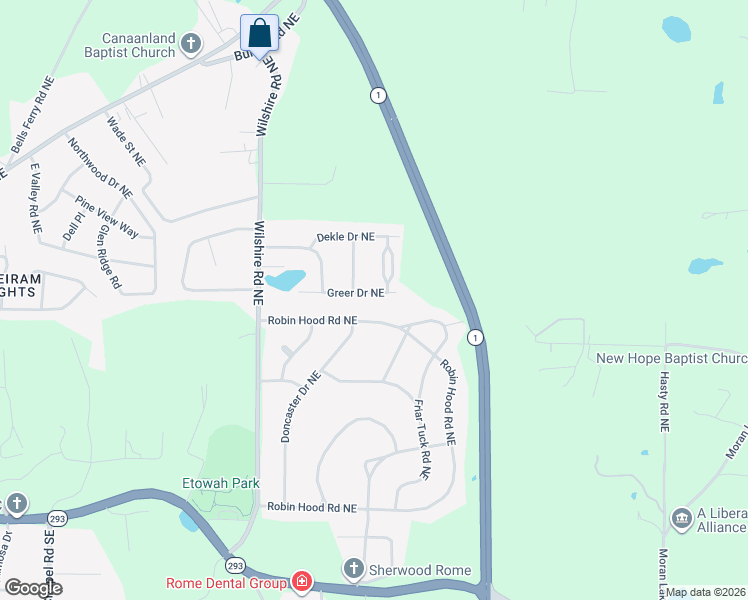 map of restaurants, bars, coffee shops, grocery stores, and more near 26 Greer Drive Northeast in Rome