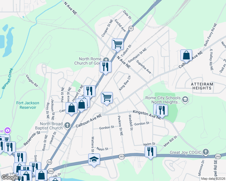 map of restaurants, bars, coffee shops, grocery stores, and more near 19 1/2 Stevens Street in Rome