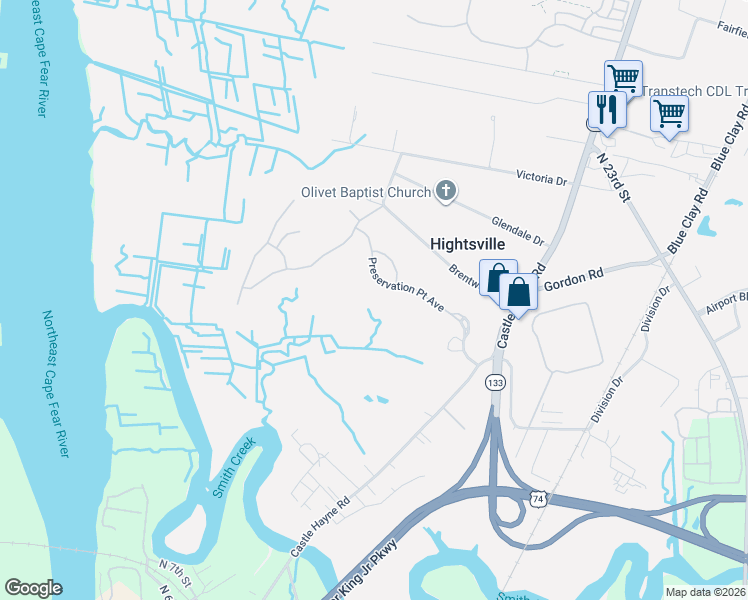 map of restaurants, bars, coffee shops, grocery stores, and more near 1539 Castle Hayne Road in Wilmington