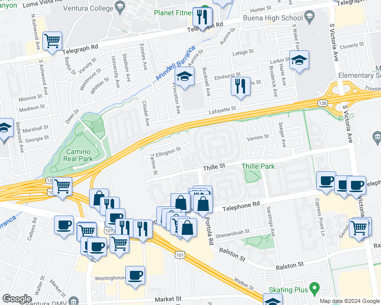 map of restaurants, bars, coffee shops, grocery stores, and more near 4959 Dekoven Street in Ventura