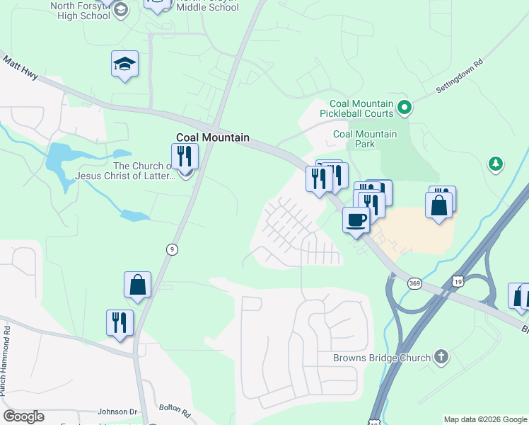 map of restaurants, bars, coffee shops, grocery stores, and more near 3846 Holliwell Pass in Cumming