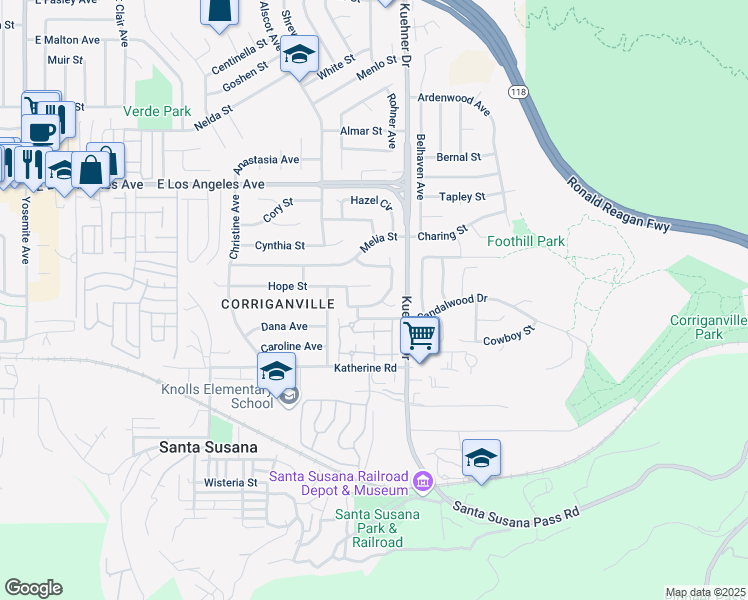 map of restaurants, bars, coffee shops, grocery stores, and more near 1545 Flowerdale Street in Simi Valley