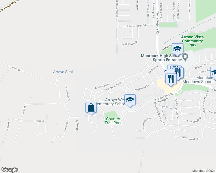 map of restaurants, bars, coffee shops, grocery stores, and more near 11320 Broadview Drive in Moorpark