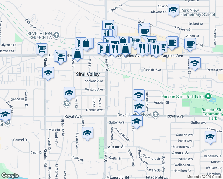 map of restaurants, bars, coffee shops, grocery stores, and more near 1129 Azalea Way in Simi Valley