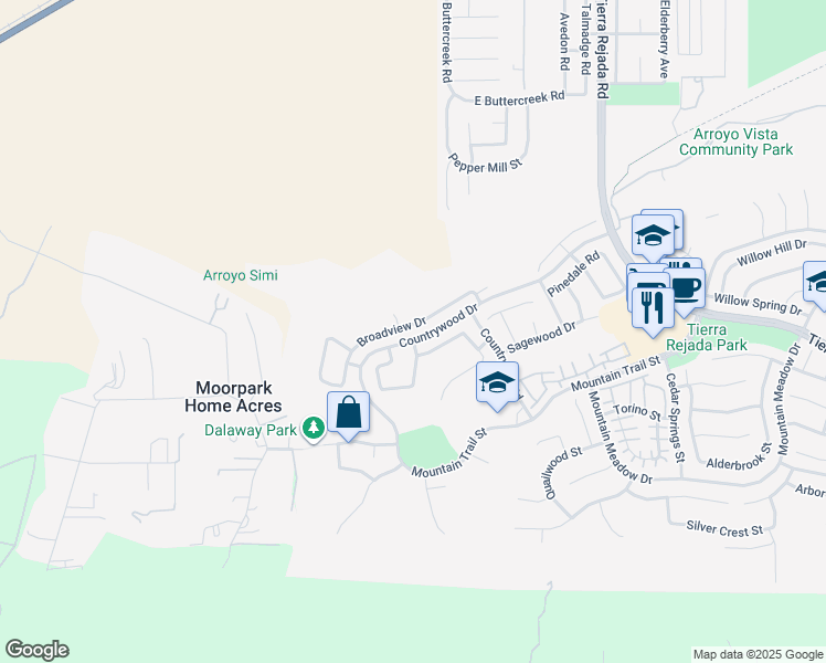 map of restaurants, bars, coffee shops, grocery stores, and more near 11320 Broadview Drive in Moorpark