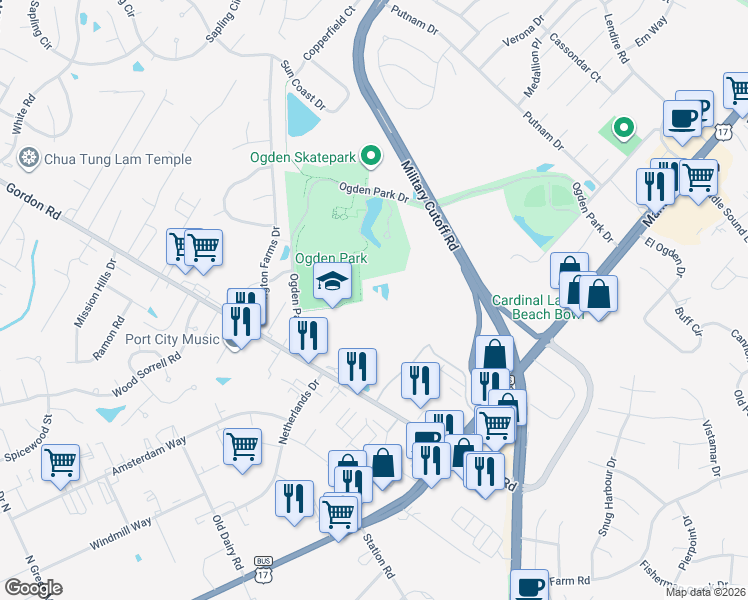 map of restaurants, bars, coffee shops, grocery stores, and more near 7100 Cape Harbor Drive in Wilmington
