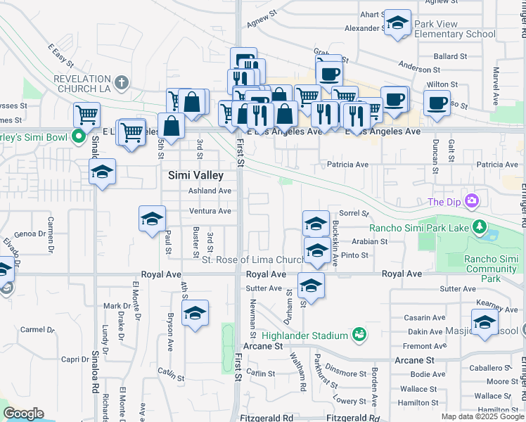 map of restaurants, bars, coffee shops, grocery stores, and more near 1165 Azalea Way in Simi Valley