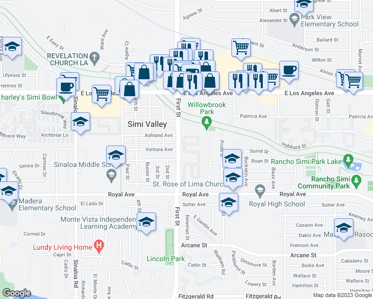 map of restaurants, bars, coffee shops, grocery stores, and more near 1129 Azalea Way in Simi Valley