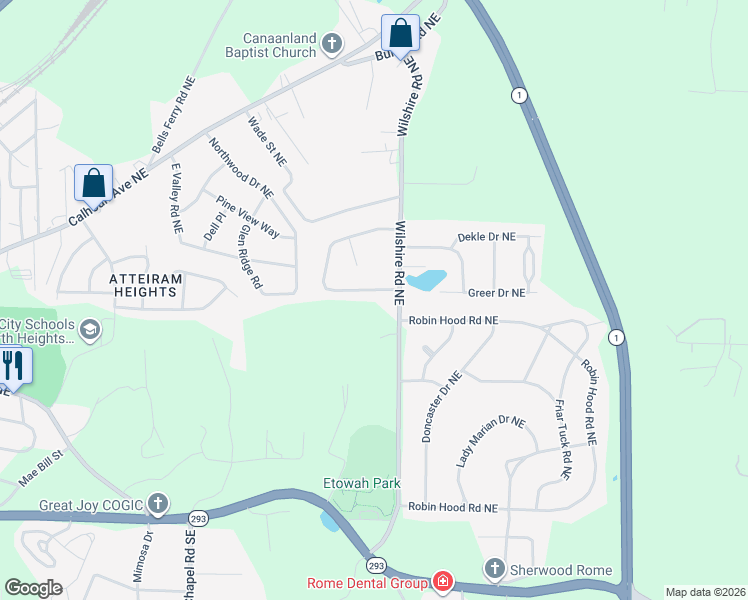 map of restaurants, bars, coffee shops, grocery stores, and more near 5 Berkshire Drive Northeast in Rome