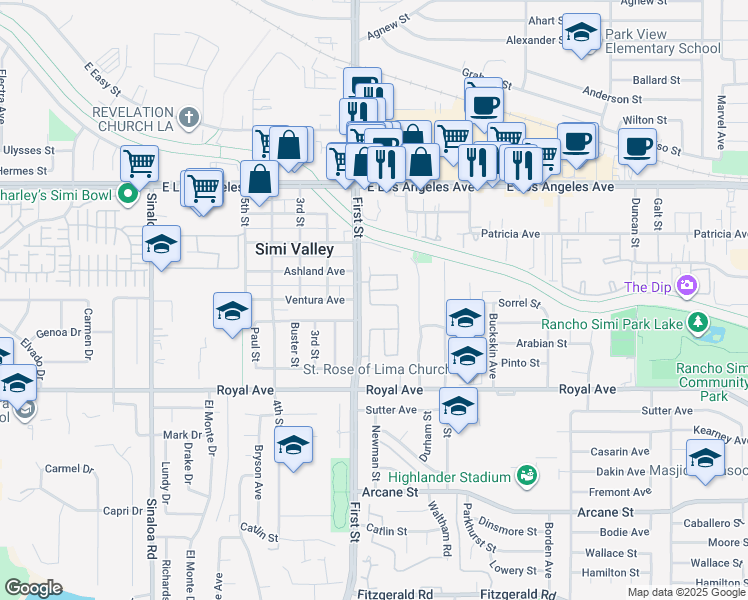 map of restaurants, bars, coffee shops, grocery stores, and more near 1165 Azalea Way in Simi Valley