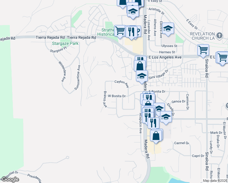map of restaurants, bars, coffee shops, grocery stores, and more near 1614 Bonnie Court in Simi Valley