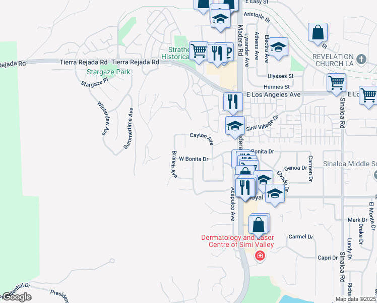 map of restaurants, bars, coffee shops, grocery stores, and more near 1614 Bonnie Court in Simi Valley